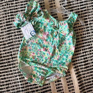 No brand 12M green & pink floral print one piece swim suit NWT baby girl